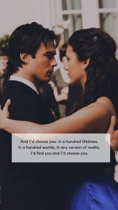 a man and woman hugging each other in front of a building with the words, and i'd choose you as hundred