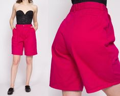 "Vintage 90s high waisted hot magenta pink cotton shorts with pleating at the front.  Measurements and Condition: Fits like: Labeled 12 jr, fits modern women's medium Fabric: Cotton denim Brand: Duck Head, made in USA Condition: Good, with a 3/4\" spot where the fabric has discolored to a reddish color on the front right of the waistband, and some similar spots throughout the fronts of the legs (see close up example photos - not super noticeable when worn due to the vibrant color of the shorts). 90s Style Bottoms With Built-in Shorts For Spring, 90s High-waisted Cotton Shorts, 90s Style High-waisted Cotton Shorts, Fitted 90s Style Summer Shorts, 90s High Waist Pink Bottoms, High Waist Pink 90s Bottoms, Pink High Waist 90s Bottoms, 90s Style Bottoms With Belt Loops For Summer, 90s Style Fitted Shorts For Spring