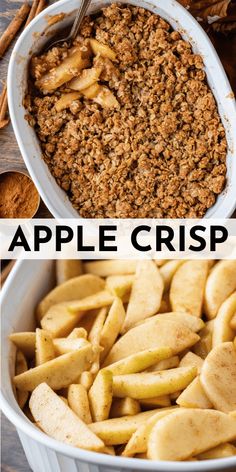 apple crisp in a white dish with cinnamon sticks and an apple slice on the side