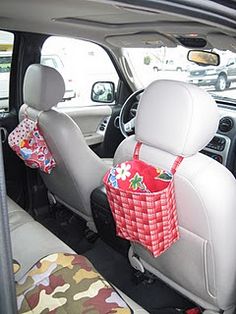 the back seat of a car with a basket in it