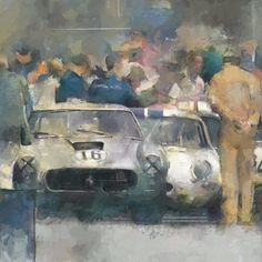 a painting of people standing next to old race cars