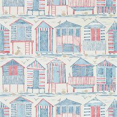 a wallpaper with colorful beach huts and birds on the water in red, white, and blue