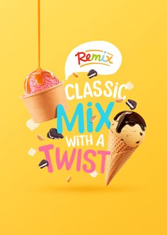 an ice cream cone and two scoops of ice cream with the words classic mix with a twist