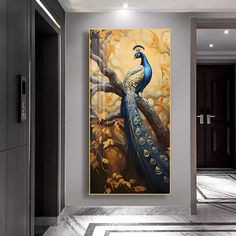 a painting of a peacock sitting on a tree branch in front of a door way