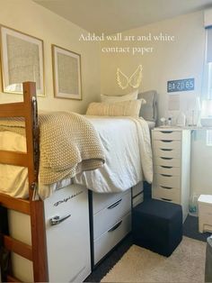 a bedroom with a bed, dresser and drawers in it's corner next to a window that reads added wall art and white contact paper