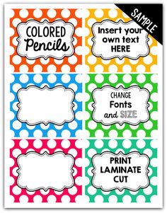 four colorful polka dot printable labels with the words, color pencils and text