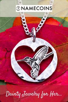 We polish up a silver coin and then hammer it down to produce gentle looking waves across it's surface. Next we engrave deeply the details of the hummingbird and cut a heart shape out around it. Our work is very detailed and precise to bring you that perfect gift for her. Hummingbird Necklace, Silver Coin, Engraved Necklace, Jewelry For Her, Hammered Silver