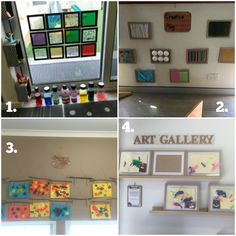 four pictures of art and crafts hanging on the wall in different rooms, including one for children's artwork