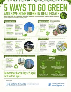 a green poster with the words 5 ways to go green and save some green in real estate