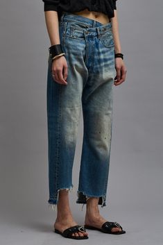 Classic crossover jean featuring a destroyed hem. Made with 13 oz. rigid denim and a dark vintage indigo wash. MADE IN ITALY Color: Turner Blue 100% Cotton Reece is 5'11" and wearing size 25 Bust 30"; Waist 23"; Hips 34" R13W2048-D111B This style runs slightly large. If in between sizes, we recommend sizing down. Dark Vintage, Harness Boots, Vintage Indigo, Sweater Pants, Short Jacket, Womens Fall, Shoe Collection, Crossover, Sweater Shirt