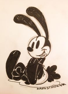 a black and white drawing of mickey mouse sitting on the ground with his legs crossed