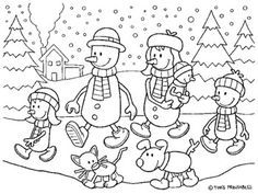 a black and white drawing of three children playing in the snow with an adult holding a baby