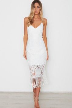 FREE 2-3 DAY SHIPPING USA WIDE. The Two Sister's the Label Khaleesi Dress in white features a gorgeous custom made lace with a beautiful tassel hemline and crossover back with adjustable straps. It is semi lined. *M Khaleesi Dress, Sisters The Label, Dress Attire, Dress Dusty, Bride Look, Steel Blue, Guest Dresses, Perfect Dress, The Label