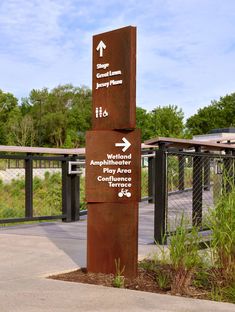 a sign pointing in different directions on the side of a road with trees and bushes behind it