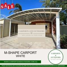 an advertisement for carports and outdoor doors with the words m - shape carport white