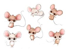 four different mouses are shown in this drawing style, one is brown and the other is white