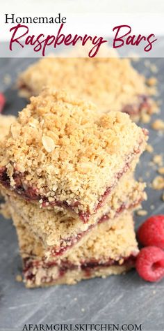 homemade raspberry oatmeal bars are stacked on top of each other