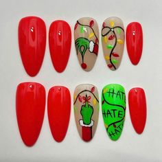 Nails Christmas Red And Green, Black Grinch Nails, Christmas Nail Art Grinch, Grinch Nail Art Designs, Cute Grinch Nails, Anti Christmas Nails, Christmas Nails Grinch Art Designs, Grinch Nail Art Tutorial, Grinch Christmas Nail Designs