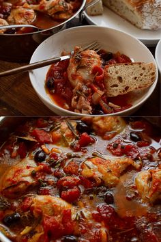 two pictures of different types of food in bowls and on the same plate, one with bread