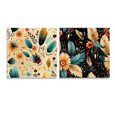 two paintings with flowers and leaves on them, one in blue and the other in orange