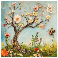 a painting of a tree with flowers and a butterfly