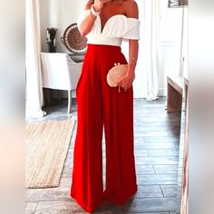 Elegant High Waisted, Wide Leg Pants With Hidden Side Zipper. Stylish Loose Fit, Front Pleat. M- Waist 28" Length 29" L- Waist Is 32, Inseam Is 29" Red High Waist Wide Leg Pants For Night Out, Elegant Red Summer Bottoms, Elegant Red Wide Leg Pants For Summer, Elegant Red Pants For Summer, Elegant Red Summer Pants, Outfit Pantalon Rojo, Plus Size Wide Leg Pants, Wide Leg Pant Suit, Shirt Pant Set