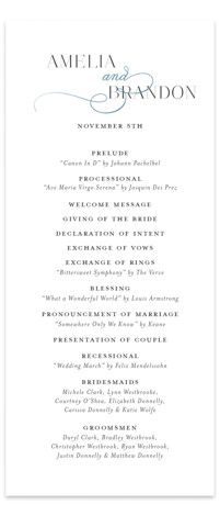 the wedding program card is shown in silver