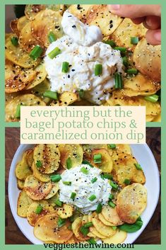 potato chips with cream cheese and chives on top are served in a white bowl