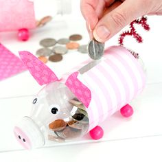 Home Made Piggy Banks Ideas, Recycled Craft Projects For Kids, Money Preschool Craft, Recycle Repurpose Diy Kids, Water Diy Crafts, Things To Make Out Of Water Bottles, Water Bottle Recycle Projects Kids, Recycle School Project For Kids, Reuse Activities For Kids