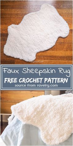 a white rug with text overlay that says faux sheepskin rug free crochet pattern