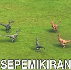 an image of some dinosaurs in the grass with words that read spemikiran