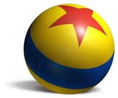 a yellow and blue ball with a red star on the top, sitting in front of a white background