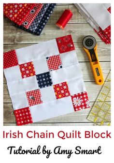 the irish chain quilt block is shown with scissors and thread