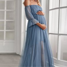 Dusty Blue Maxi Dress Sheer Tule Overlay On A Mini Dress Maternity Photoshoot Outfit Off The Shoulder Sheer Sleeve With A Slight Bell New With Tags, I Don’t See Any Flaws Girly Boho Bohemian Flowy Fun Winter Summer Maxi Dress Plus Size Formal Wedding Guest Bridesmaid Vestidos Para Baby Shower, Elegant Maternity Dresses, Maxi Maternity Dress, Pregnancy Looks, Ever Pretty, Maternity Maxi, Skirt Maxi, Dress Dusty, Pregnancy Maxi Dress