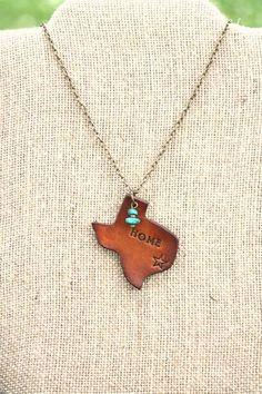 Leather "Home" Texas Necklace With American Turquoise, Southwestern, Western, Bohemian Handcrafted W Bohemian Stamped Turquoise Necklace, Scrap Leather Projects, Texas Necklace, Western Bohemian, Diy Leather Earrings, Diy Leather Projects, Leather Jewelry Diy, Turquoise Western, Leather Craft Projects