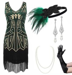 PRICES MAY VARY. Package Includes: Flapper dress * 1pc and one flapper set (including Headband * 1pc; Necklace * 1pc; Gloves * 1 pair; Earrings * 1 pair; Plastic Holder * 1pc.) Material: This 20's gatsby dress is made of Polyester fabric and soft fringe, beads & sequins. Size: Please refer to the “Dress Size Chart” on the last image for your best fit before purchasing. Headband is one size with elastic or ribbon band; Necklace length-55"; Gloves length-21.6"; Plastic holder length-12.9". Design: Elaborate Embroidery, Christmas Dancing, Great Gatsby Dress, Fringe Accessories, 20s Dress, Art Deco Party, Great Gatsby Dresses, Fringe Flapper Dress, Soft Fringe