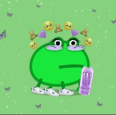 a green cartoon character with eyes, nose and hands holding a purple object in front of some butterflies