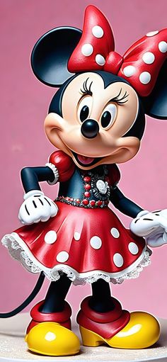 a minnie mouse figurine is posed on a table with a pink wall in the background