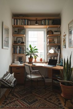 a room with a desk, bookshelf and potted plants on the window sill