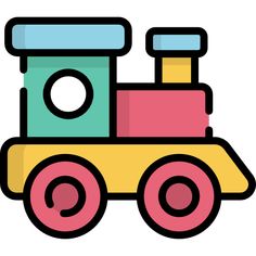 a toy train with pink, yellow and blue colors