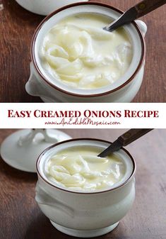 two bowls filled with creamy cream on top of a wooden table next to each other