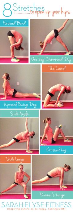 an image of a woman doing yoga poses in different positions with the words 8 stretches to stretch up your hips