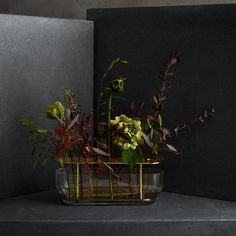 an arrangement of flowers in a glass vase on a shelf next to a concrete wall