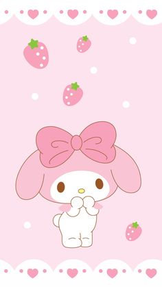 a pink bunny with a bow on her head and some strawberries in the background