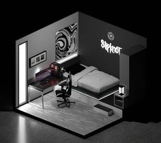 a room with a bed, desk and chair in it that is lit up at night