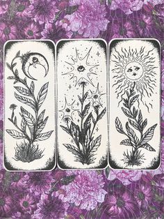 three cards with flowers and plants in them on a purple floral background, each one has an image of the sun