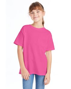 Youth 5.2 oz., Comfortsoft® Cotton T-Shirt - WOW PINK - S | Hanes Youth Essential-T T-Shirt in Wow Pink Size Small | Cotton Pink Tshirt Outfit, Tshirt Outfit, Orange Texas, Kids Outfits Girls, Pink Tshirt, Heat Transfer, Apparel Accessories, Shirts Tops, Kids Tshirts