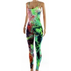 Multicolored Tie Dye Jumpsuit With Spaghetti Straps. Casual Multicolor Bodysuit For Spring, Multicolor Stretch Bodysuit For Summer, Multicolor Stretch Bodysuit Casual Style, Summer Stretch Multicolor Bodysuit, Fitted Multicolor Summer Bodysuit, Summer Multicolor Stretch Bodysuit, Casual Multicolor Bodysuit For Summer, Spring Multicolor Stretch Bodysuit, Casual Multicolor Stretch Bodysuit