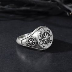 Symbolic Silver Ring With Compass Design, Vintage Engraved Antique Silver Signet Ring, Vintage Engraved Ring With Oxidized Antique Silver Finish, Vintage Engraved Ring In Antique Silver With Oxidized Finish, Vintage Silver Signet Ring With Engraving Option, Sterling Silver Compass Design Ring, Sterling Silver Rings With Compass Design For Anniversary, Vintage Silver Oxidized Signet Ring, Vintage Oxidized Silver Signet Ring