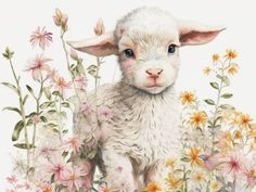 a painting of a baby lamb surrounded by flowers